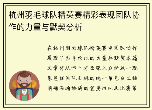 杭州羽毛球队精英赛精彩表现团队协作的力量与默契分析